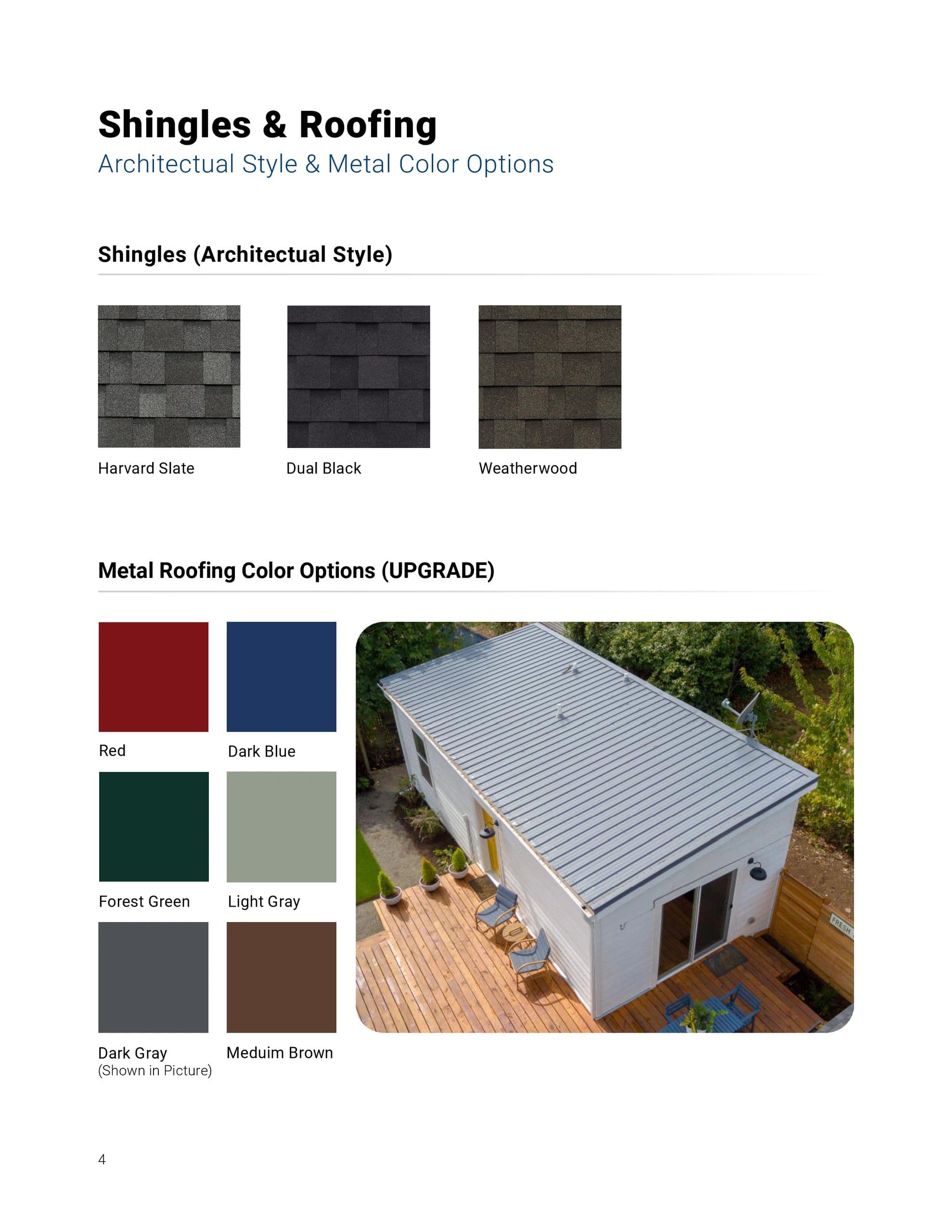 Shingle and metal roof color samples from the 2026 options guide.