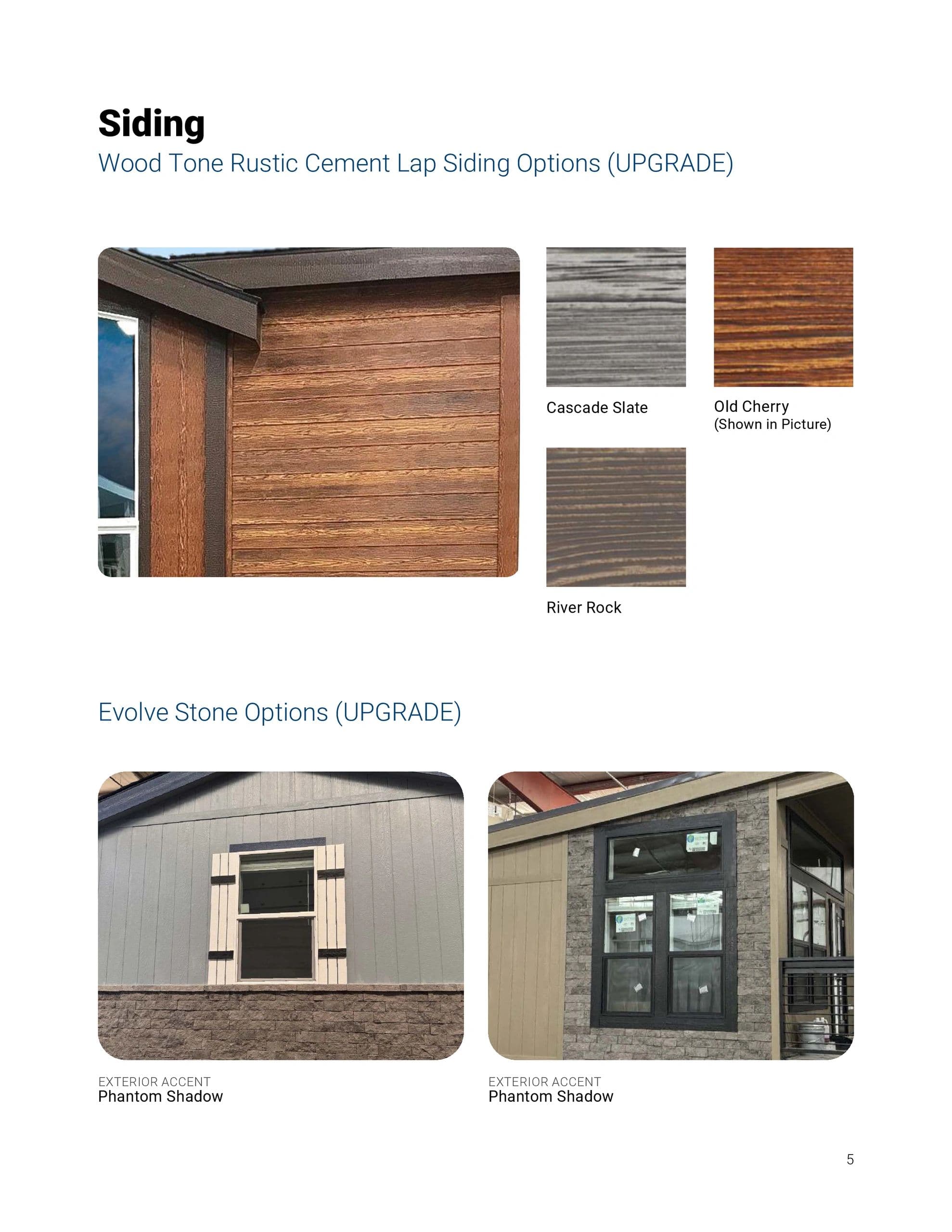 Rustic cement lap siding and exterior stone samples from the 2026 options guide.